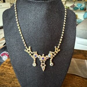 Vintage Gold and Blue Crystal Aurora Bourealis Necklace